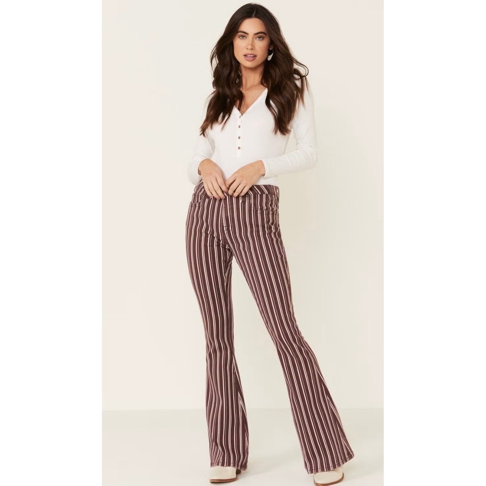 Rock & Roll Jeans Maroon Striped High Rise Bell Bottom Flares Women's Size 32x32